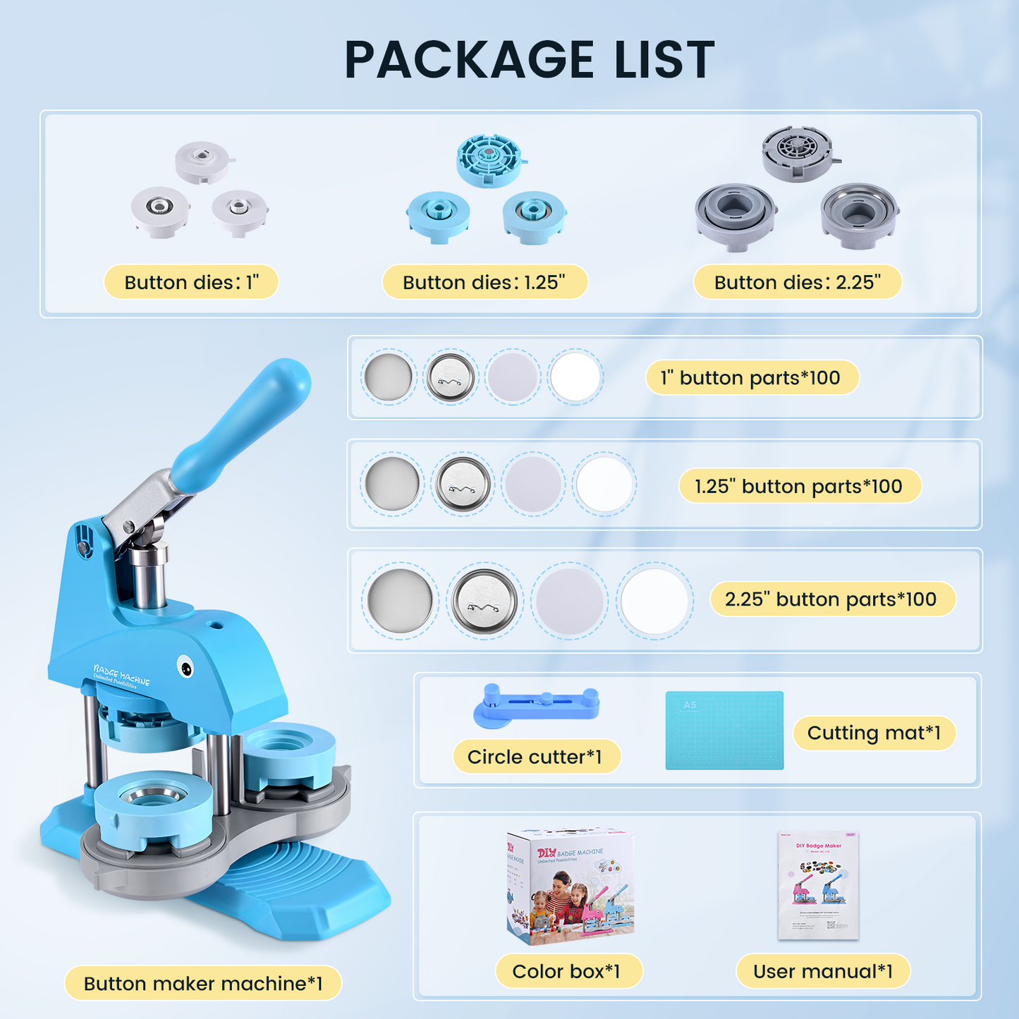 Button Maker Machine Multiple Sizes, 300 Pcs 1''/1.25''/2.25'' Button Press Pin Maker Machine Kit, Badge Making Supplies W/Button Machine, Dies, Badge Refills, Cirle Cutters, DIY Custom Pin Badge
