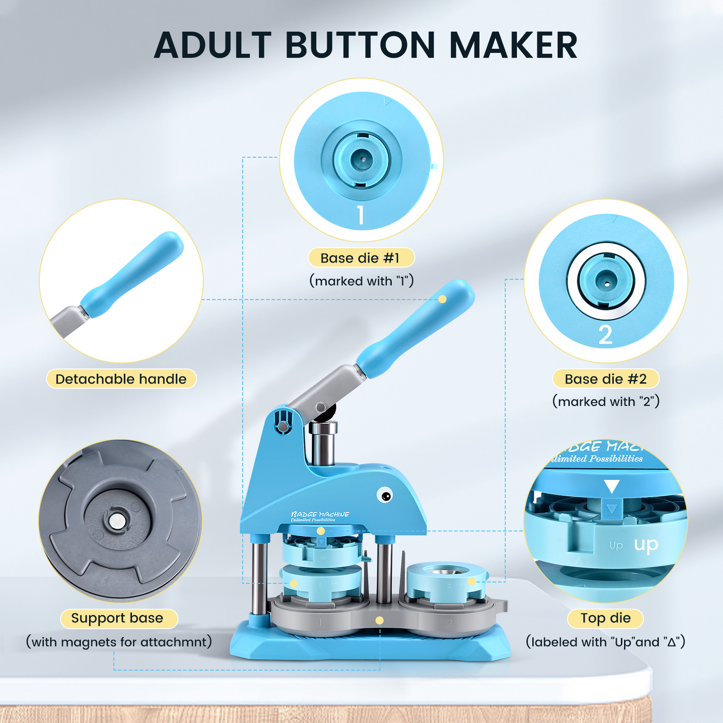 Button Maker Machine Multiple Sizes, 300 Pcs 1''/1.25''/2.25'' Button Press Pin Maker Machine Kit, Badge Making Supplies W/Button Machine, Dies, Badge Refills, Cirle Cutters, DIY Custom Pin Badge