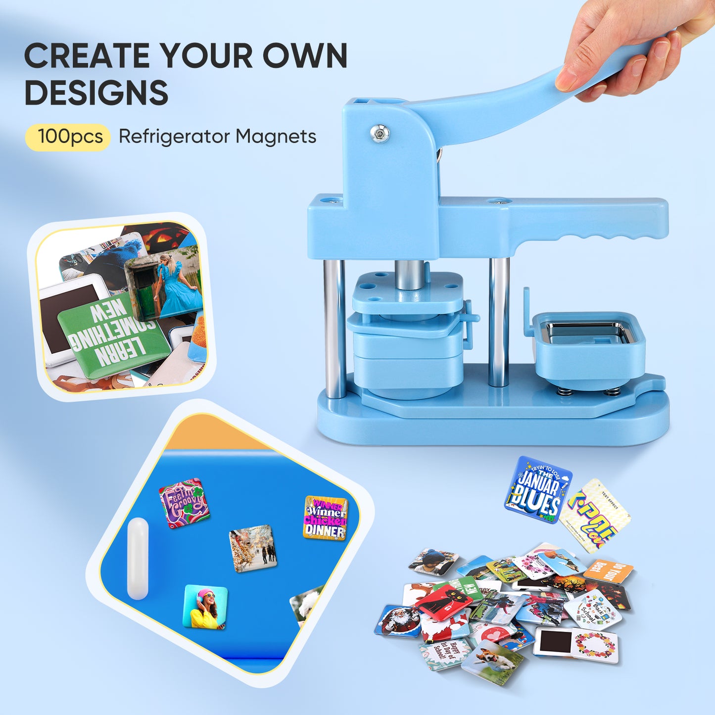 Square Photo Magnet Button Maker Kit - 2'' x 2'' Button Press Machine with 100 Set Square Magnet Button Making Supplies, DIY Square Fridge Magnet Badge Button, for Crafting, Home Use, and Business