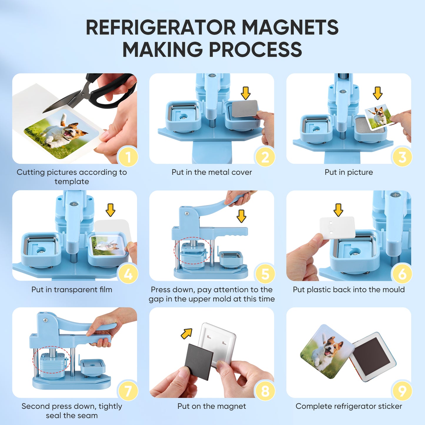 Square Photo Magnet Button Maker Kit - 2'' x 2'' Button Press Machine with 100 Set Square Magnet Button Making Supplies, DIY Square Fridge Magnet Badge Button, for Crafting, Home Use, and Business