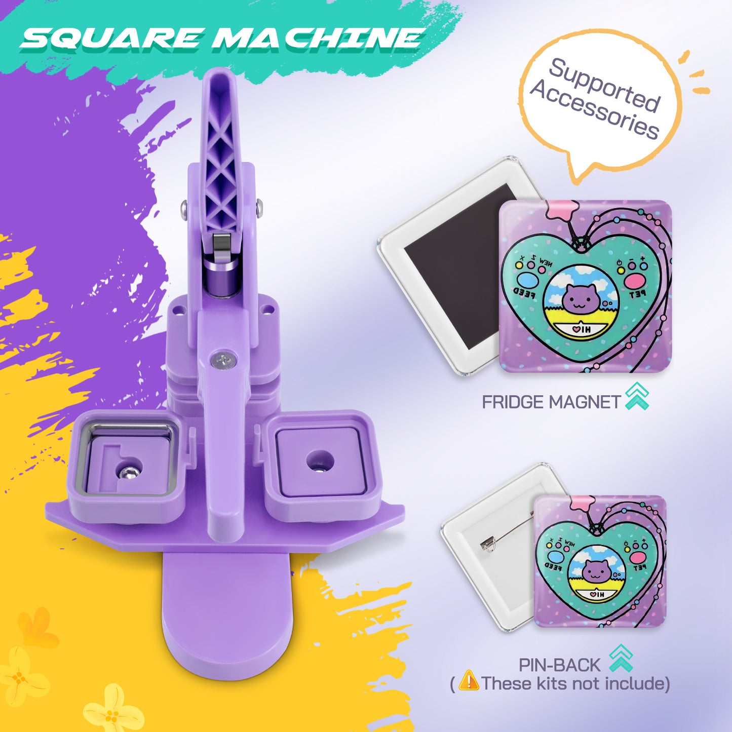 Square Button Maker Machine with 100 Pin Badge Making Supplies 2'' x 2'' Square Button Press Kit for Custom Buttons Badges