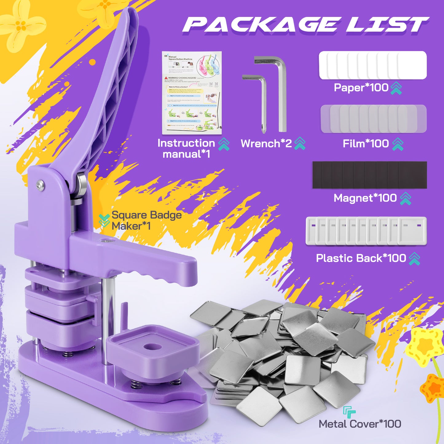 Square Button Maker Machine with 100 Pin Badge Making Supplies 2'' x 2'' Square Button Press Kit for Custom Buttons Badges