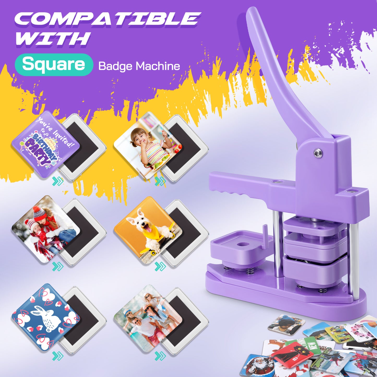 Square Button Maker Machine with 100 Pin Badge Making Supplies 2'' x 2'' Square Button Press Kit for Custom Buttons Badges