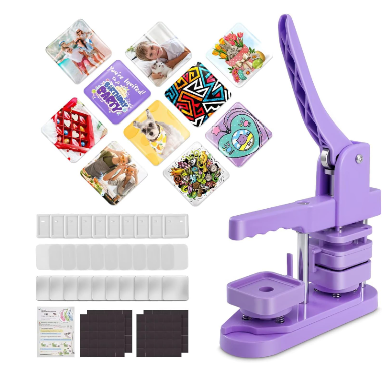 Square Button Maker Machine with 100 Pin Badge Making Supplies 2'' x 2'' Square Button Press Kit for Custom Buttons Badges