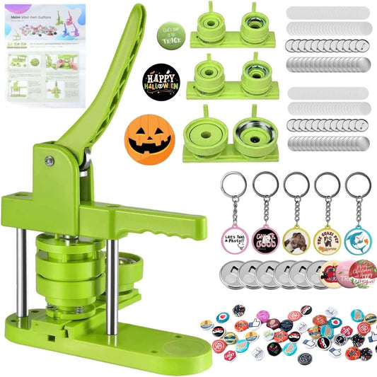 Button Maker Machine Pin Maker 1''+1.25''+2.25'' Button Making Supplies, DIY 300 Pinback Button/10 Keychain Badge/10 Bottle Opener Button/10 Flat Badge for Christmas Party (Green, 1''+1.25''+2.25'')