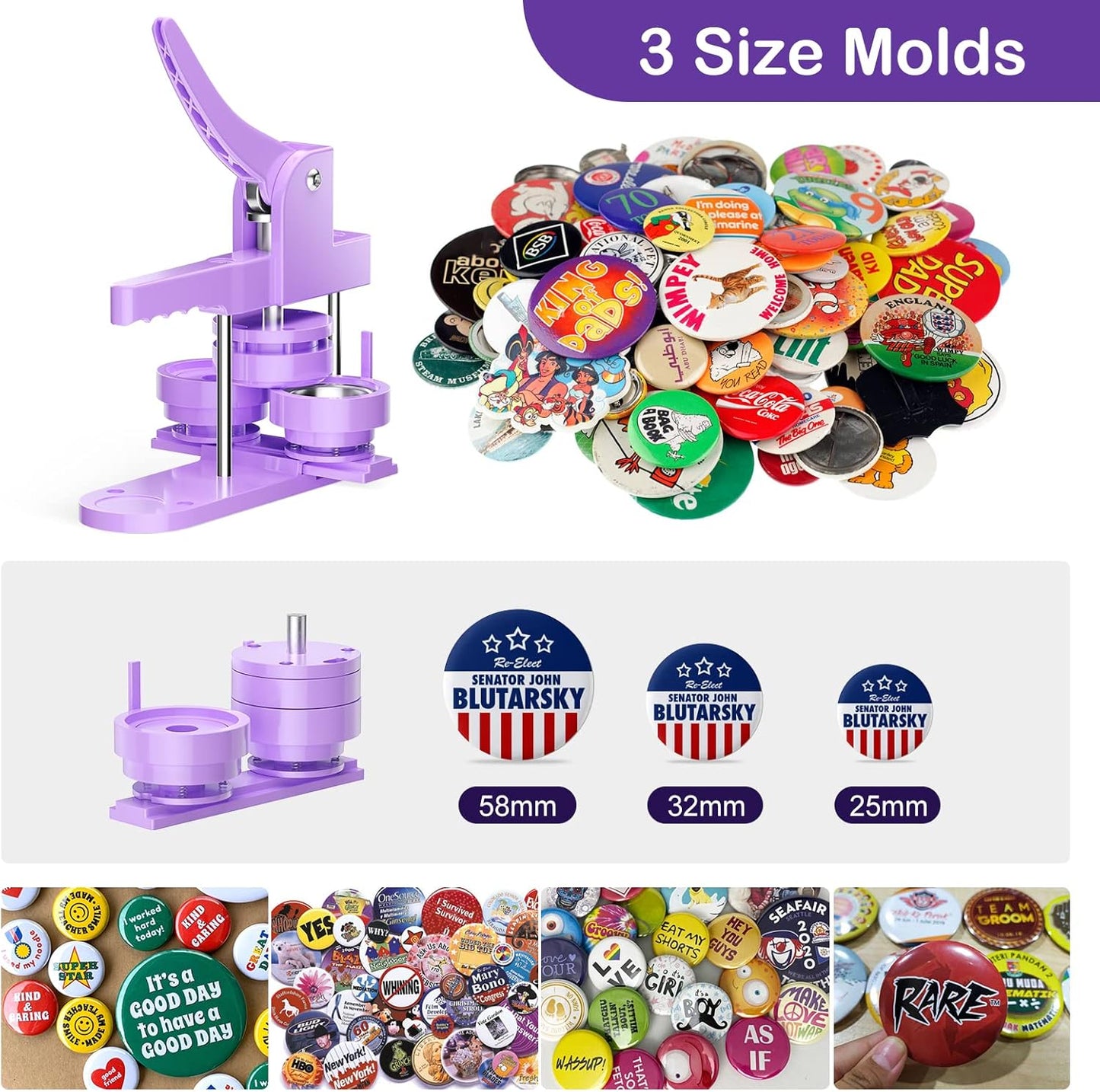 300pcs Button Pin Maker Machine Multiple Sizes 1''+1.25''+2.25'' Badge Button Press Machine W/Metal Pinback Supplies & 3 Dies & 3pcs Circle Cutter - Pin Press Kit for DIY