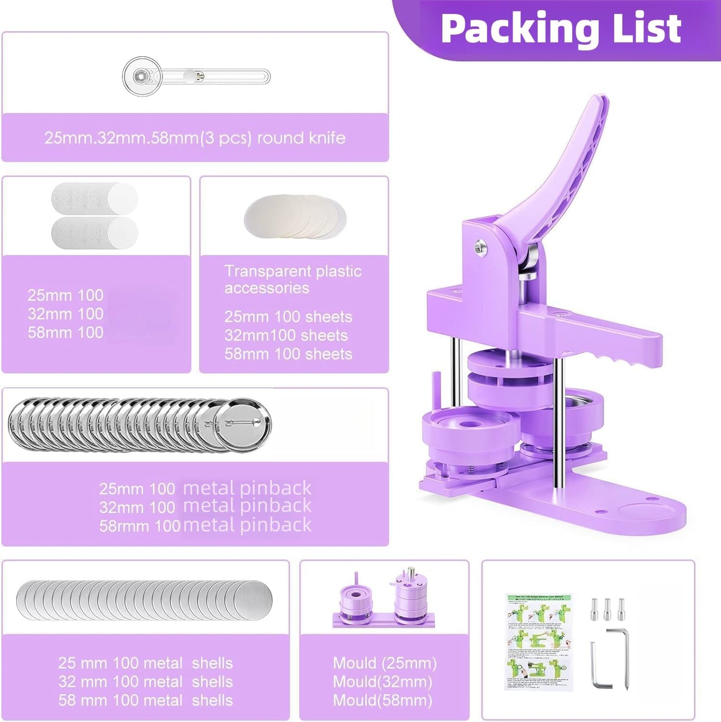 300pcs Button Pin Maker Machine Multiple Sizes 1''+1.25''+2.25'' Badge Button Press Machine W/Metal Pinback Supplies & 3 Dies & 3pcs Circle Cutter - Pin Press Kit for DIY