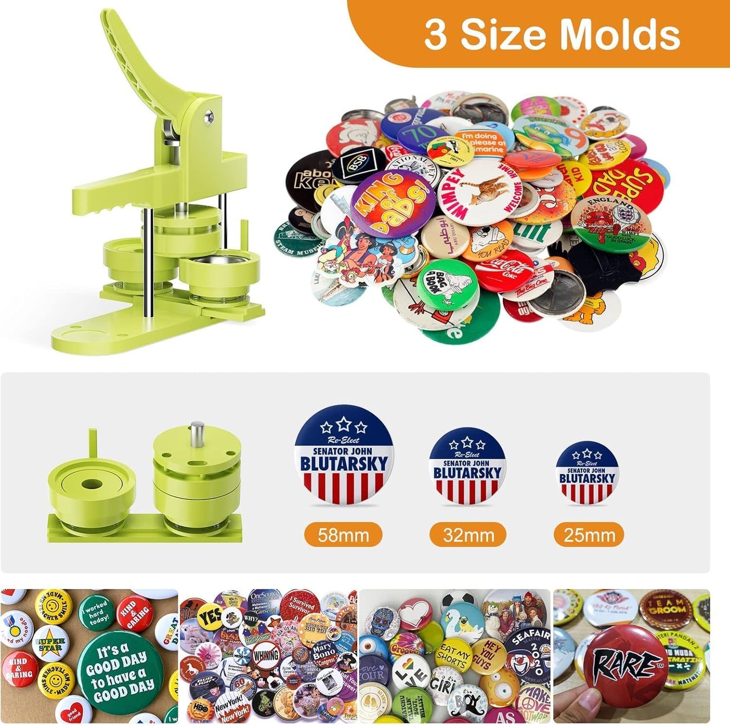 Button Maker Machine Pin Maker 1''+1.25''+2.25'' Button Making Supplies, DIY 300 Pinback Button/10 Keychain Badge/10 Bottle Opener Button/10 Flat Badge for Christmas Party (Green, 1''+1.25''+2.25'')