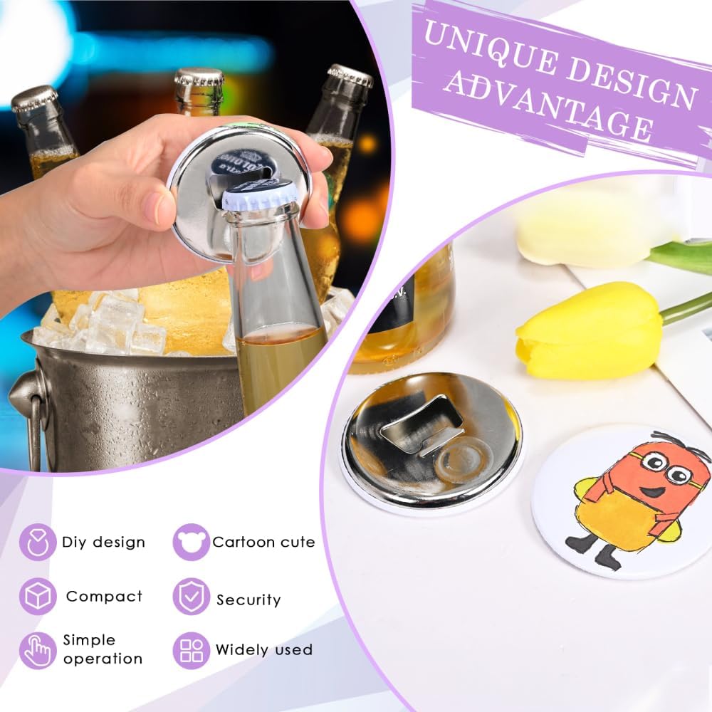 Bottle Opener Button Making Supplies for Button Maker Machine, 50 Sets 58mm Button Opener Button Refill Includes Metal Shell, Graphic, Plastic Film, Metal Backing Parts