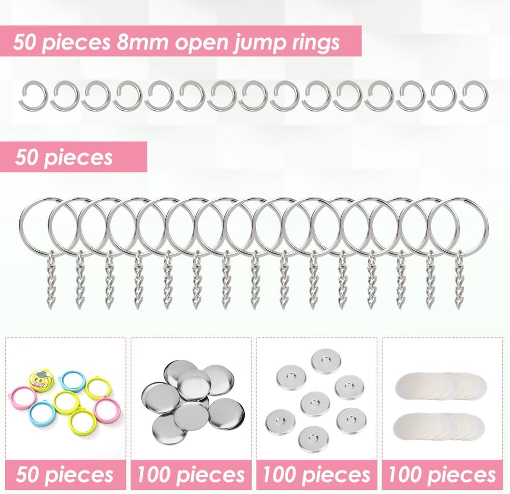 Keychain Button Making Supplies for Button Maker Machine, 50 Sets 32mm Button Refills Includes Metal Shell, Graphic, Plastic Film, Backing Parts