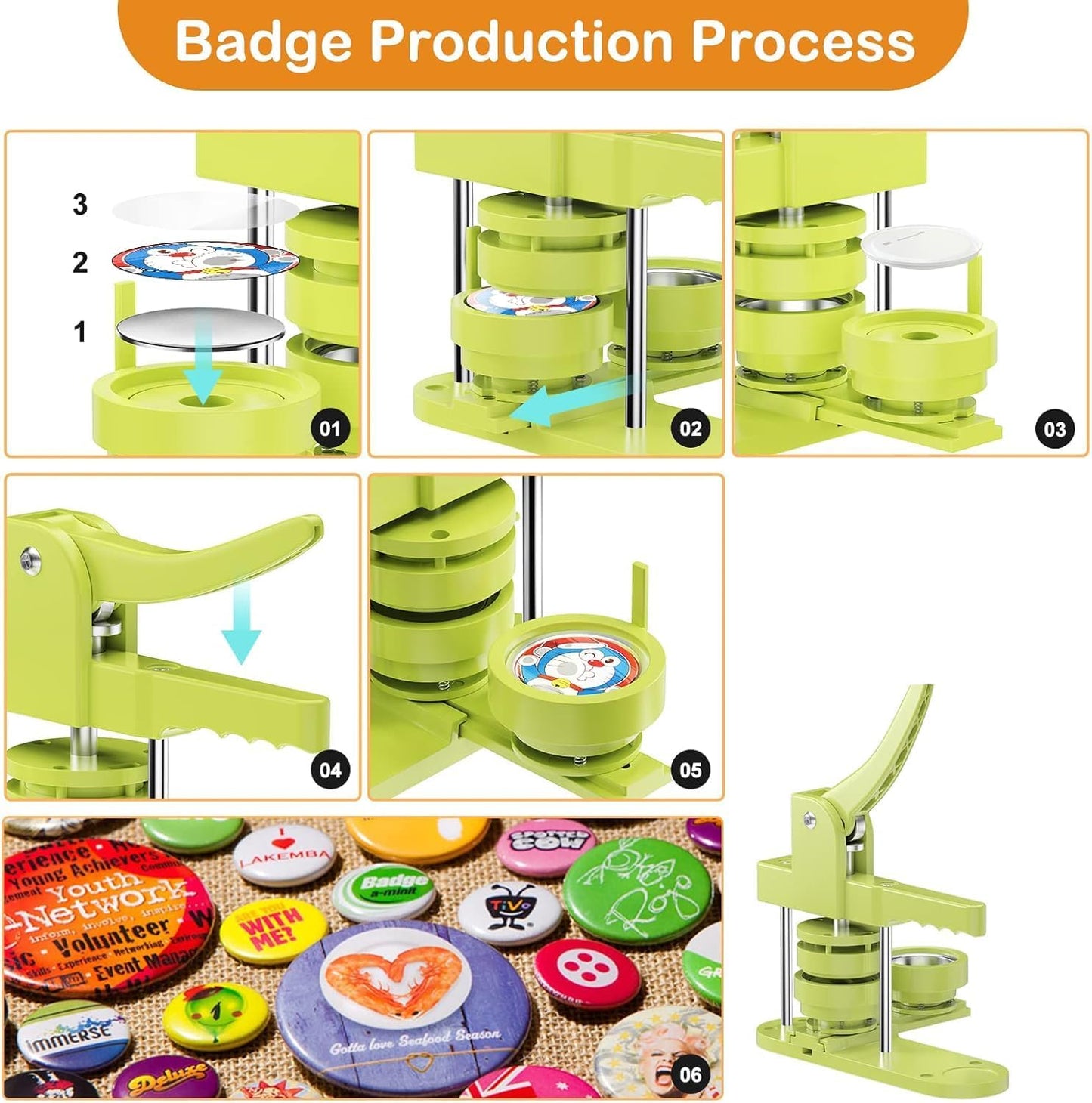 Button Maker Machine Pin Maker 1''+1.25''+2.25'' Button Making Supplies, DIY 300 Pinback Button/10 Keychain Badge/10 Bottle Opener Button/10 Flat Badge for Christmas Party (Green, 1''+1.25''+2.25'')