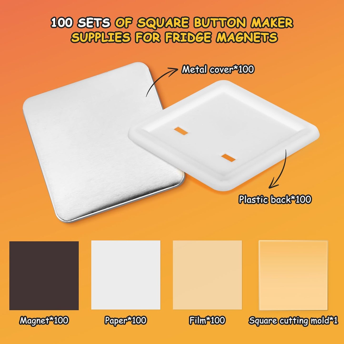 Square Magnet Button Making Supplies 100 Sets 2'' x 2'' Compatible with Square Badge Maker Machine, DIY Photo Button Badge