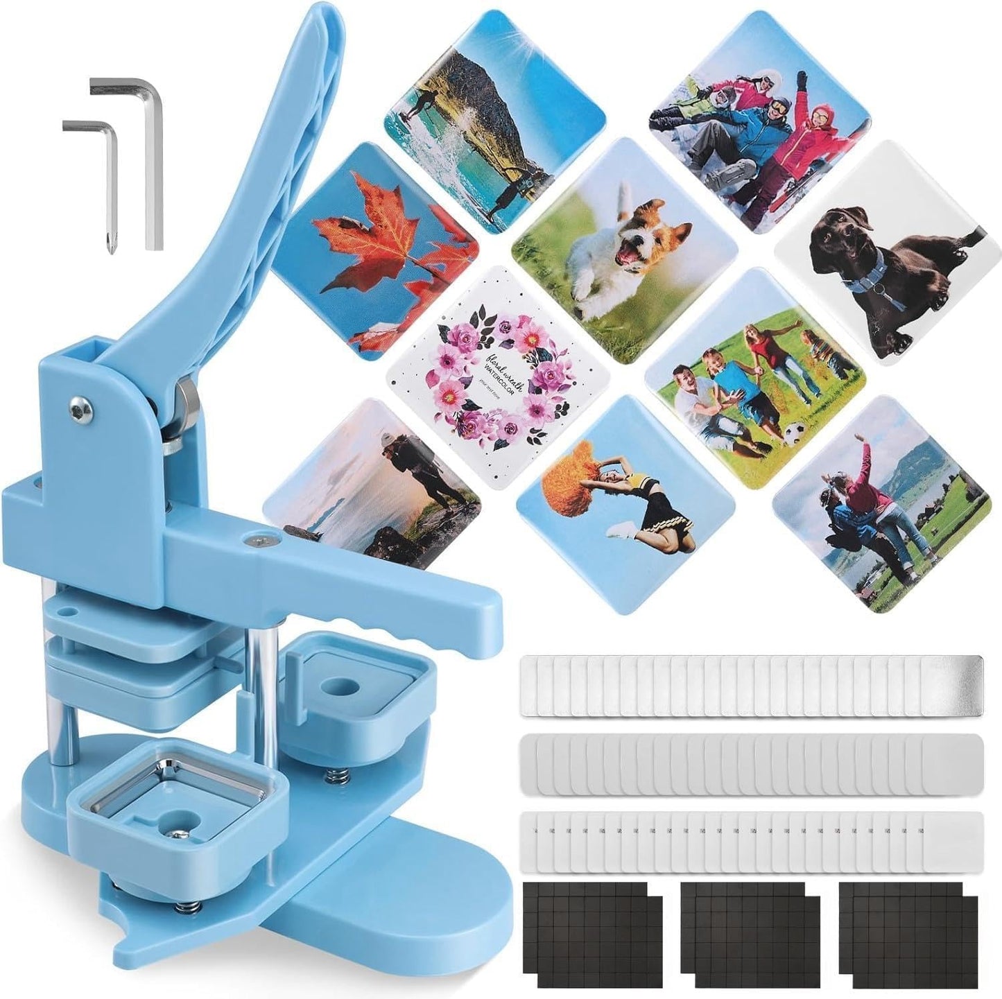 Square Photo Magnet Button Maker Kit - 2'' x 2'' Button Press Machine with 100 Set Square Magnet Button Making Supplies, DIY Square Fridge Magnet Badge Button, for Crafting, Home Use, and Business