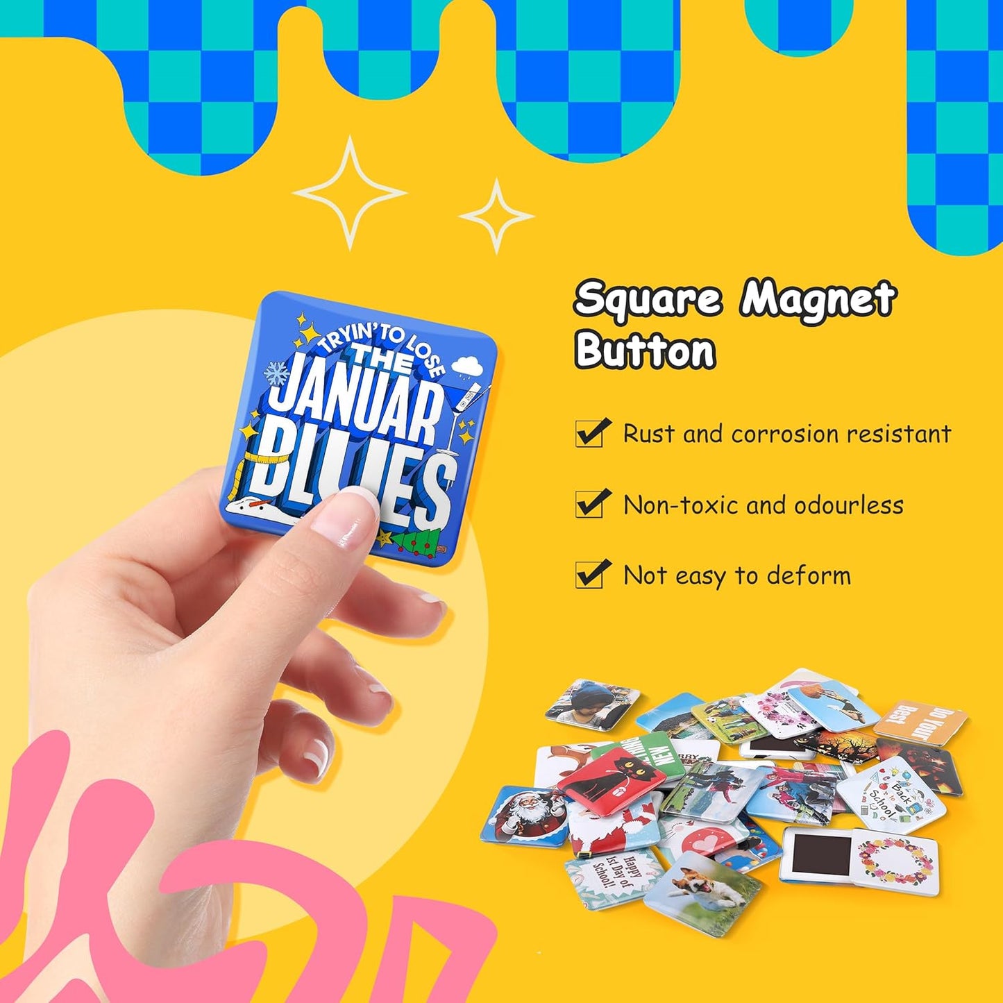 Square Magnet Button Making Supplies 100 Sets 2'' x 2'' Compatible with Square Badge Maker Machine, DIY Photo Button Badge