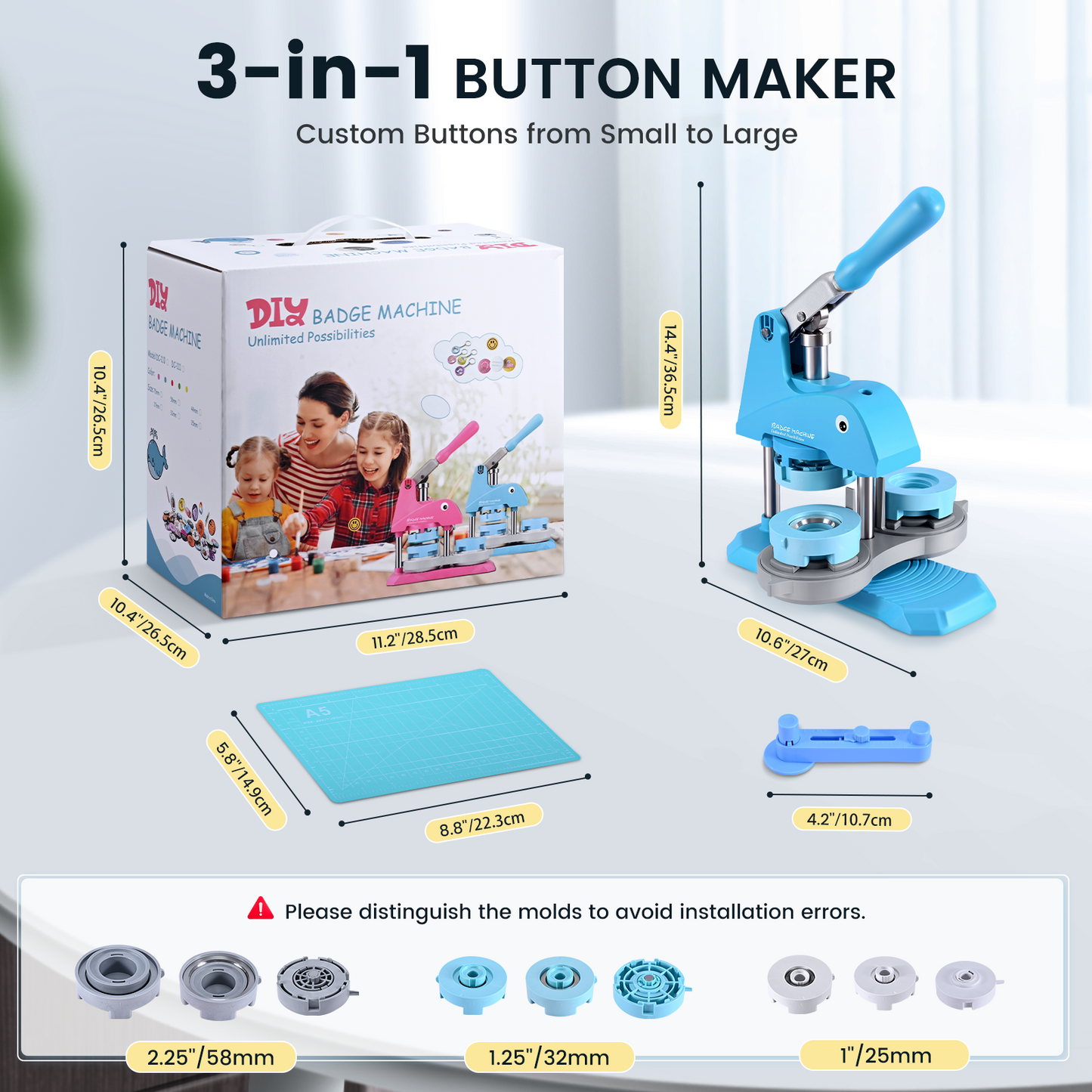 Button Maker Machine Multiple Sizes, 300 Pcs 1''/1.25''/2.25'' Button Press Pin Maker Machine Kit, Badge Making Supplies W/Button Machine, Dies, Badge Refills, Cirle Cutters, DIY Custom Pin Badge