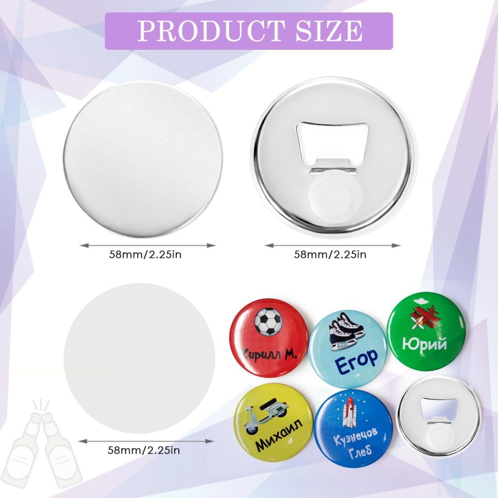 Bottle Opener Button Making Supplies for Button Maker Machine, 50 Sets 58mm Button Opener Button Refill Includes Metal Shell, Graphic, Plastic Film, Metal Backing Parts