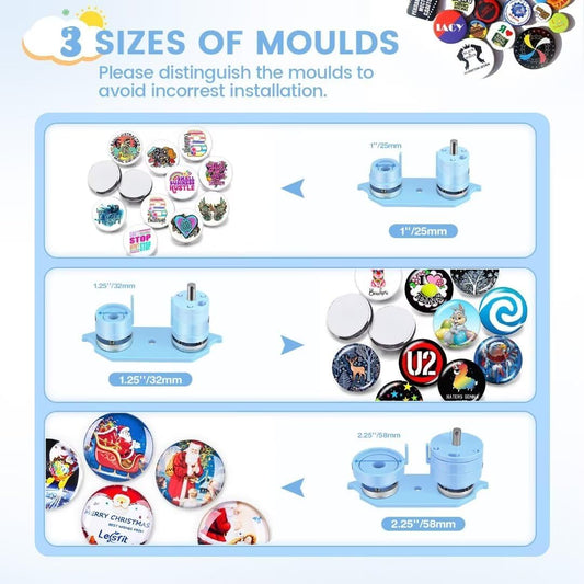 Button Maker Machine Multiple Sizes, 1''+1.25''+2.25'' Pin Maker Button Press Machine W/ 300 Sets Metal Pinback Button Refills, Button Making Supplies Kit for DIY Button Badges