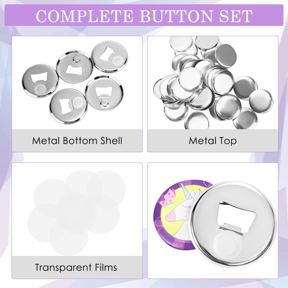 Bottle Opener Button Making Supplies for Button Maker Machine, 50 Sets 58mm Button Opener Button Refill Includes Metal Shell, Graphic, Plastic Film, Metal Backing Parts