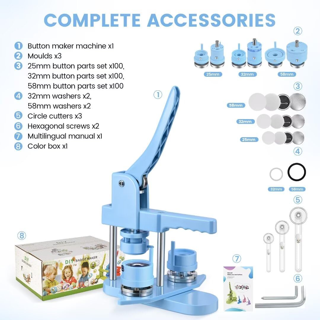 Button Maker Machine Multiple Sizes, 1''+1.25''+2.25'' Pin Maker Button Press Machine W/ 300 Sets Metal Pinback Button Refills, Button Making Supplies Kit for DIY Button Badges